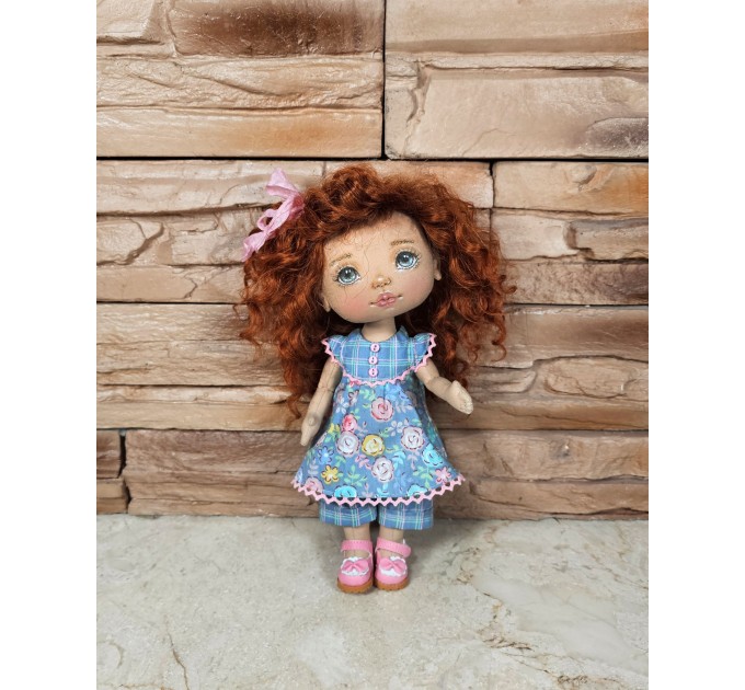 Small Handmade Rag Doll with Natural Brown Hair and Removable Clothes